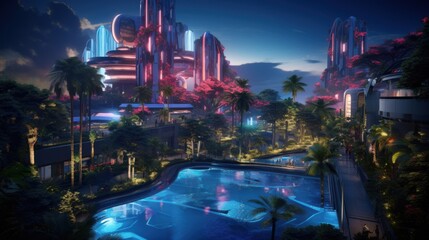 Tranquil park oasis within a sprawling cyberpunk city, featuring augmented reality sculptures, holographic wildlife, and serene gardens