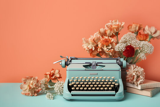 Retro vintage typewriter on colorful background with flowers, copy space.