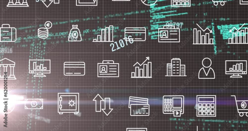 Aufkleber animation of financial icons and data processing over grid