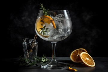 Gin tonic, with orange, dark photography, AI GENERATIVE