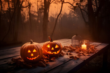 Glowing Halloween pumpkins on table, Generative AI
