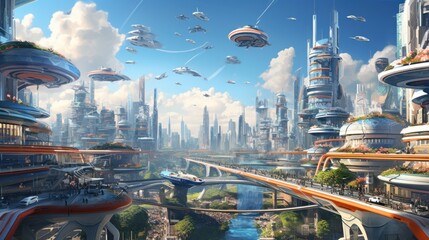 Sky filled with flying cars, drones, and holographic billboards, depicting a bustling and congested future cityscape