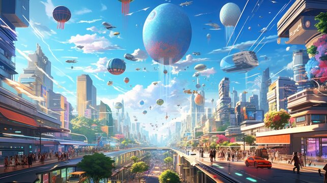 Sky filled with flying cars, drones, and holographic billboards, depicting a bustling and congested future cityscape