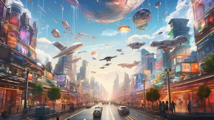 Sky filled with flying cars, drones, and holographic billboards, depicting a bustling and congested future cityscape