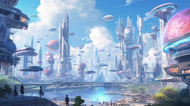 Sky filled with flying cars, drones, and holographic billboards, depicting a bustling and congested future cityscape