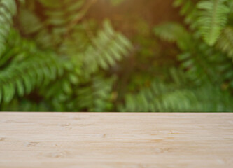 Wooden table top with blurred green leaves behind with orange sunlight