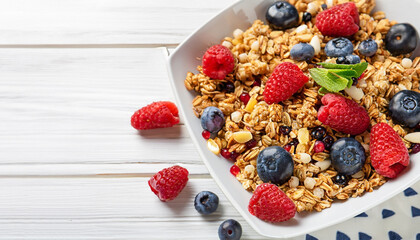 Tasty granola with fresh berries on white wooden background