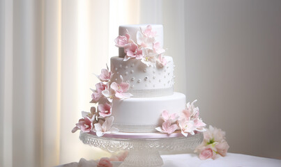 Three-Tiered Wedding Cake, Enhanced by Graceful Pink Flowers.