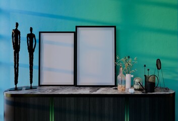 Frame photo mockup with sky blue wall background. 3D Render Illustration