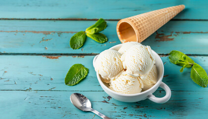 Homemade white vanilla ice cream balls with mint leaves in small portioned white bowl. With ice...