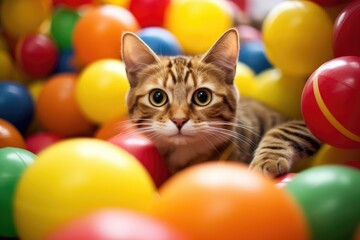 Fototapeta na wymiar Multi-colored balloons and funny cat, kitty. Holiday. Birthday. Gift