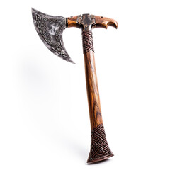 an antique axe with a rustic wooden handle on a clean white background