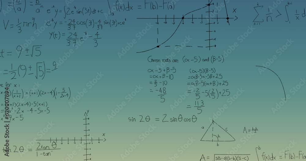 Poster animation of mathematical equations, formulas and diagrams against green gradient background