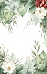 Watercolor floral wreath with green Plant and leaves, Wedding invitation card, Generative AI