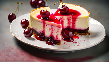 Cold cheesecake with cherry jelly.