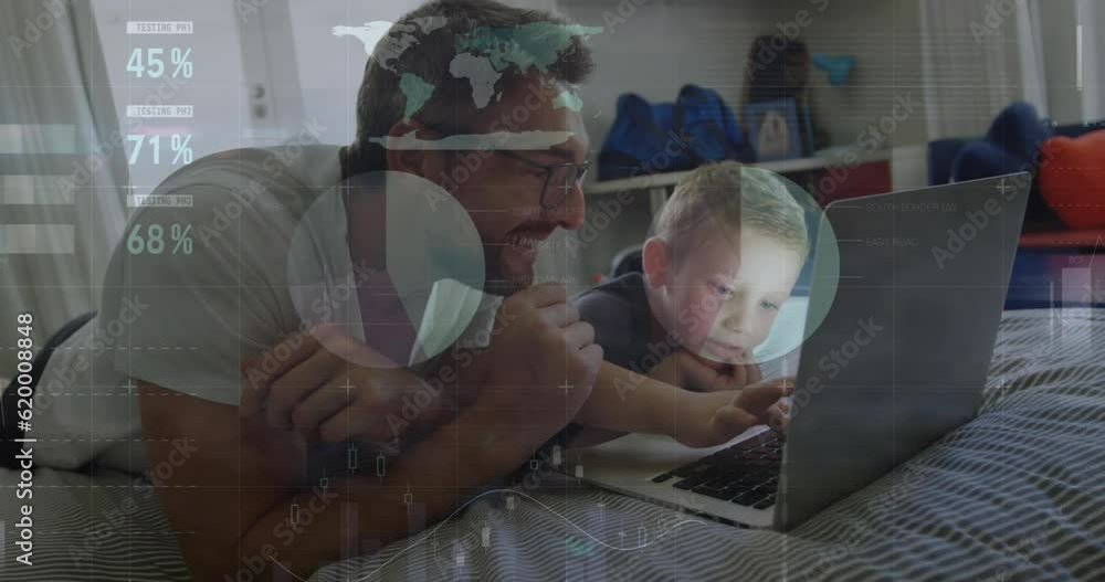 Poster animation of statistical data processing against caucasian man and son using laptop at home
