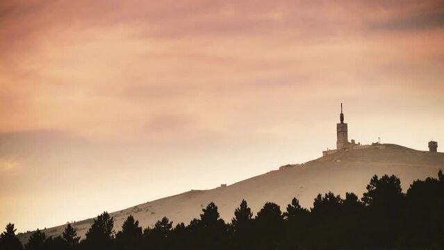 Time lapse. Sunset over summit of Mont Ventoux, mountain in Provence region, France.