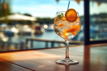 Refreshing gin tonic cocktail by the sea. Oranges. Summer, beach and vacation. © Marat