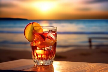 Refreshing red cocktail by the sea. Apple. Summer, beach and recreation.