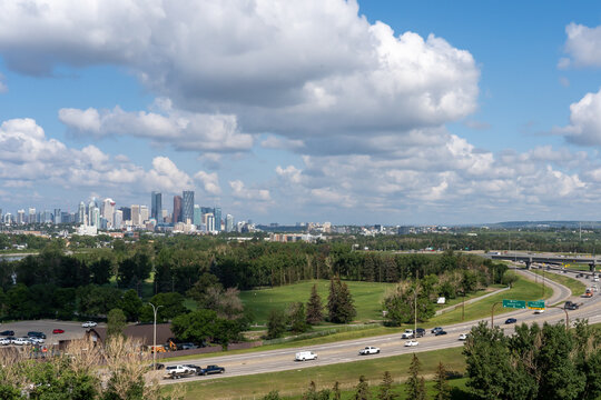 Calgary City  Skyline And Deerfoot Highway 2 View From A Hill. Calgary, Alberta, Canada - July 4, 2023.