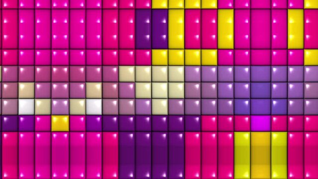 Rainbow glow animated background. Grid field. Sound membrane. Wave motion square, rhombuses, cubes. Color mosaic, puzzle. Screensaver for games, logo, technology, business, presentations.