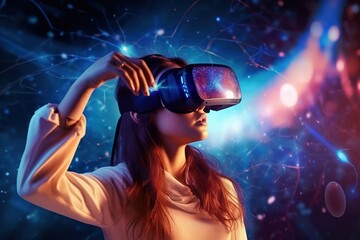 A woman wearing virtual reality glasses. Background future technologies.