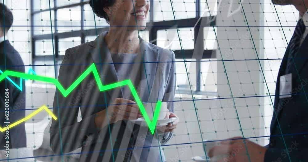 Poster animation of graphs over grid pattern, diverse coworkers discussing during tea break in office