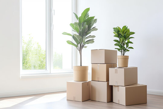 Cardboard boxes and plants ready for moving, Generative AI