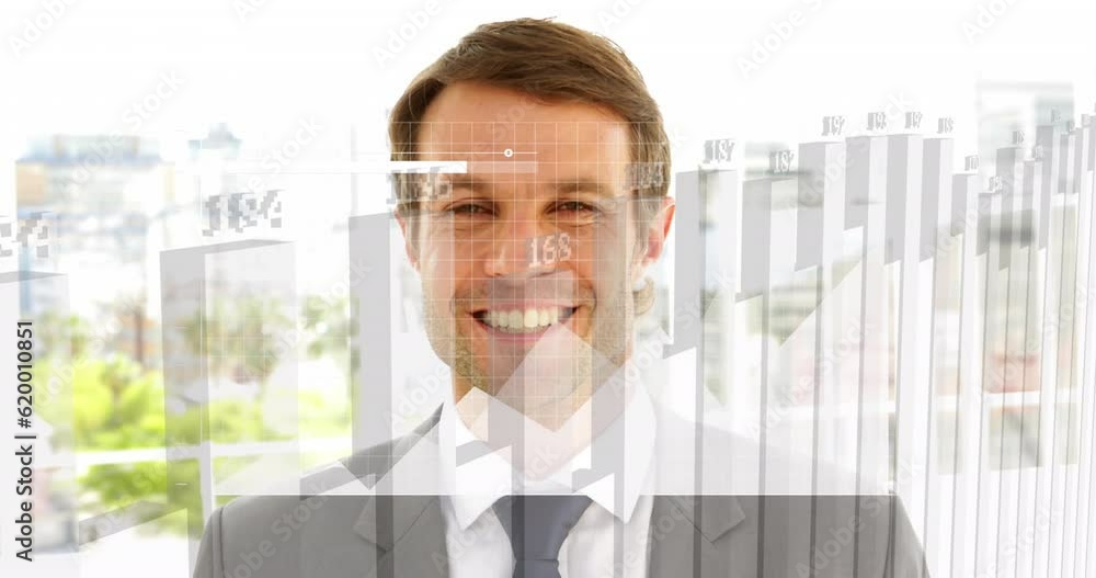 Poster animation of graphs with changing numbers, grid pattern, smiling caucasian man standing in office
