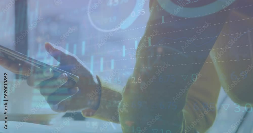 Poster animation of graphs and trading board over midsection of caucasian man using smartphone