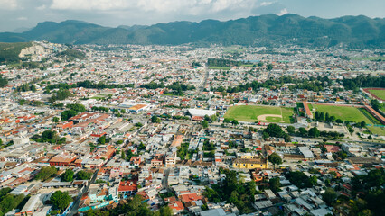 Beautiful aerial view of the rooftops of the old colonial buildings in the city of san cristobal de...