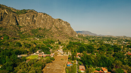 aerial panorama of Tepoztlan with a beautiful sunset in the background. mexico
