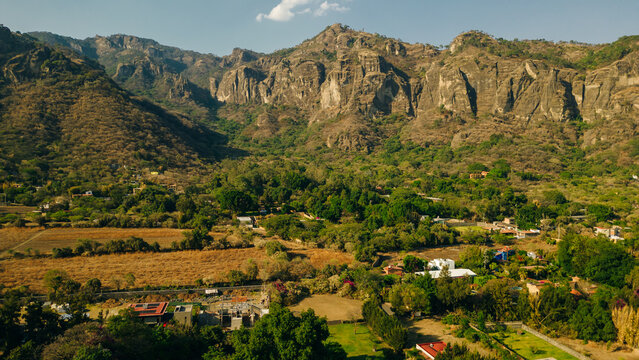 aerial panorama of Tepoztlan with a beautiful sunset in the background. mexico