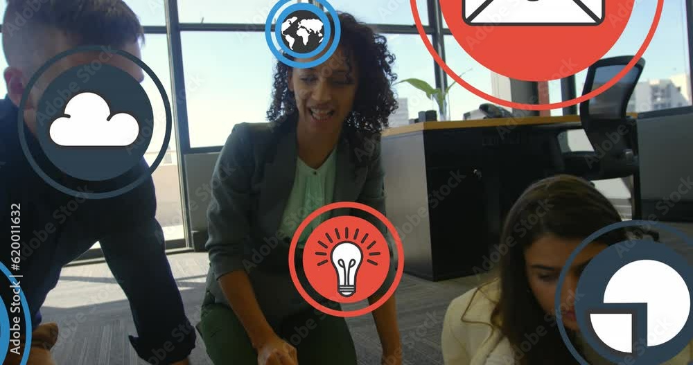 Poster animation of multiple icon in circles over diverse coworkers discussing reports in office