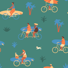 Surfers on bicycles seamless pattern. Summer coastal illustration in vector. - 620011897