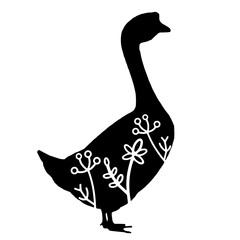 Goose. Vector animal with floral element. Illustration. Animal silhouette. Black isolated silhouette