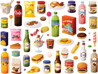 Cute vector illustration of various unhealthy junk food items, sugar drinks, alcohol, candy, snacks and dishes.