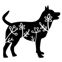 Dog. Vector animal with floral element. Illustration. Animal silhouette. Black isolated silhouette
