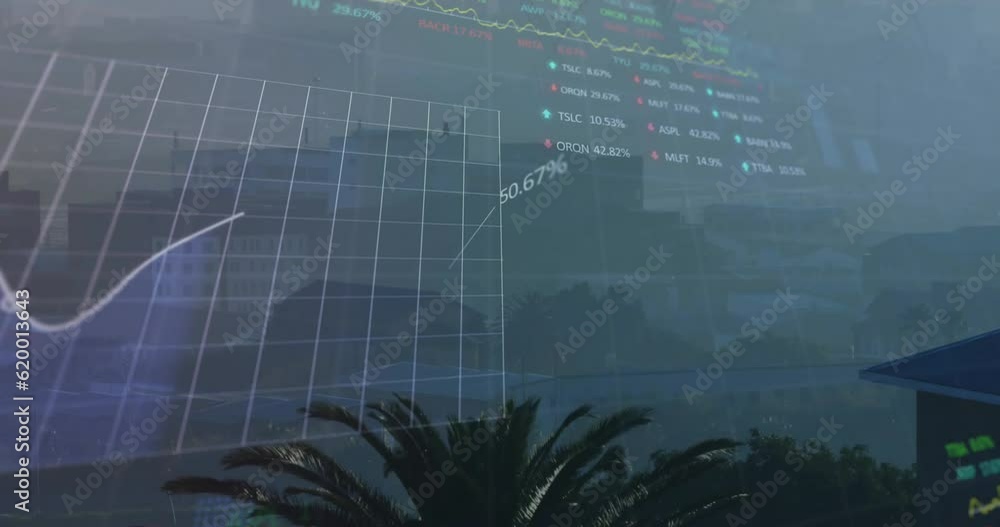Poster Animation of statistical and stock market data processing against aerial view of cityscape