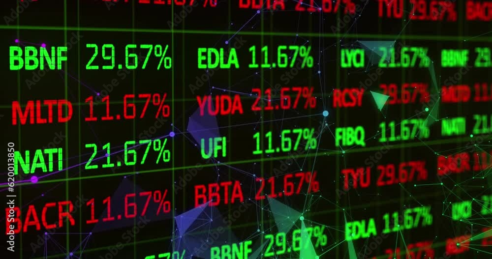 Poster animation of stock market data processing and plexus networks against black background