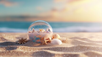 Sunny tropical beach with shells and starfish on the beach with sea and blue sky as background on a hot sunny day.