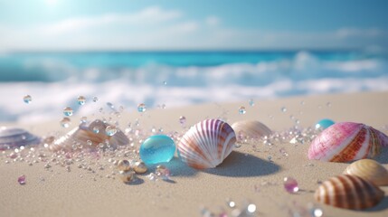 Obraz na płótnie Canvas Sunny tropical beach with shells and starfish on the beach with sea and blue sky as background on a hot sunny day.