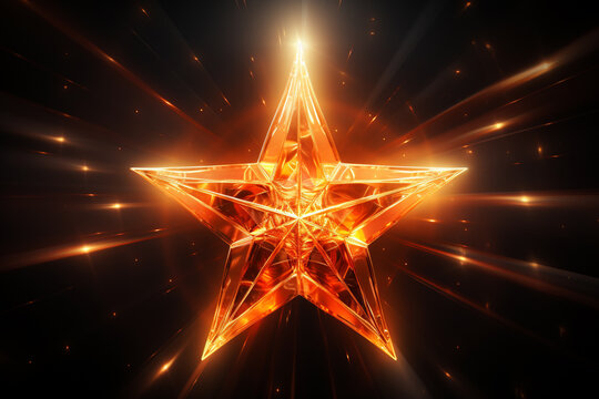 orangener Stern mit Lichteffekten auf dunklem Hintergrund. Querformat. Generative Ai.