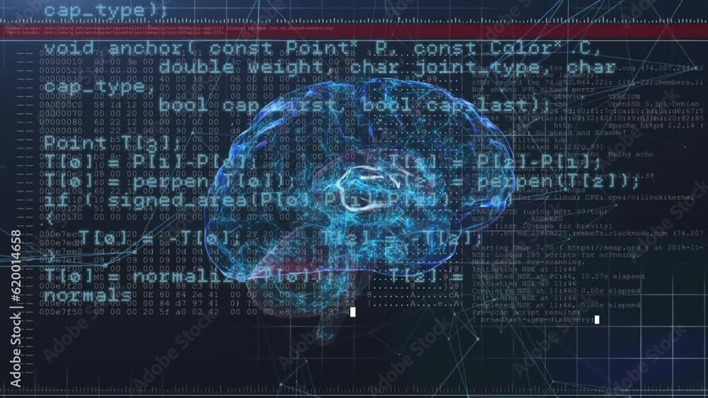 Aufkleber animation of data processing and network of connections against spinning human brain icon