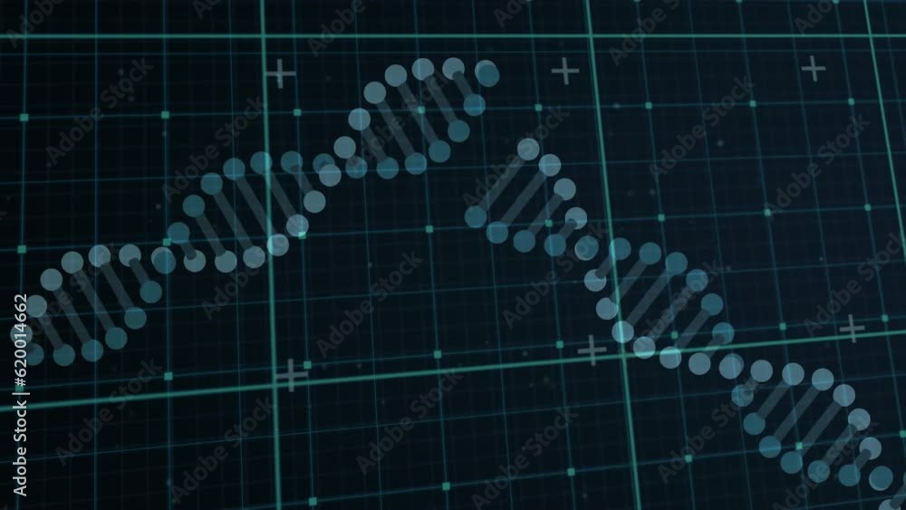 Poster animation of dna structures spinning over grid network against black background