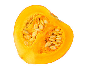 Half of cut orange pumpkin with seeds isolated on white