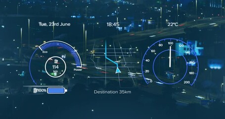 Animation of electric car speedometer data processing over city - Powered by Adobe