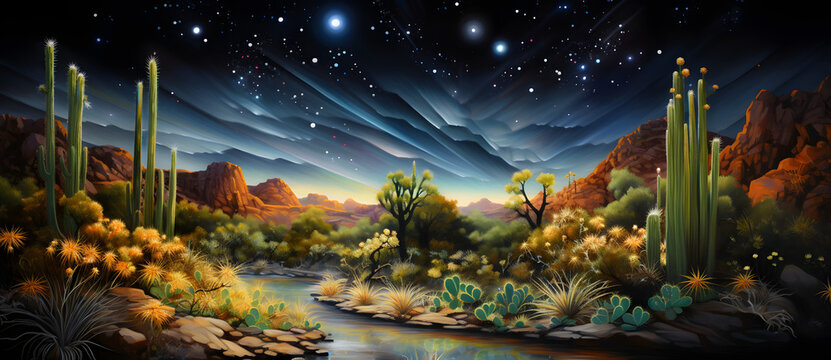 a painting of desert mountains and trees Generated by AI