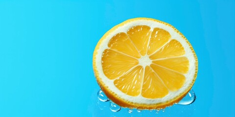 Lemon slices on a bright blue background. Fresh lemon. Contemporary food and drink refreshment summer vibes