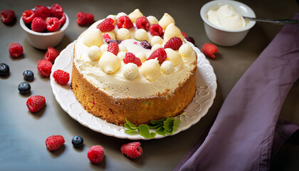 Obraz na płótnie Canvas Chiffon cake with summer berries and cream.
